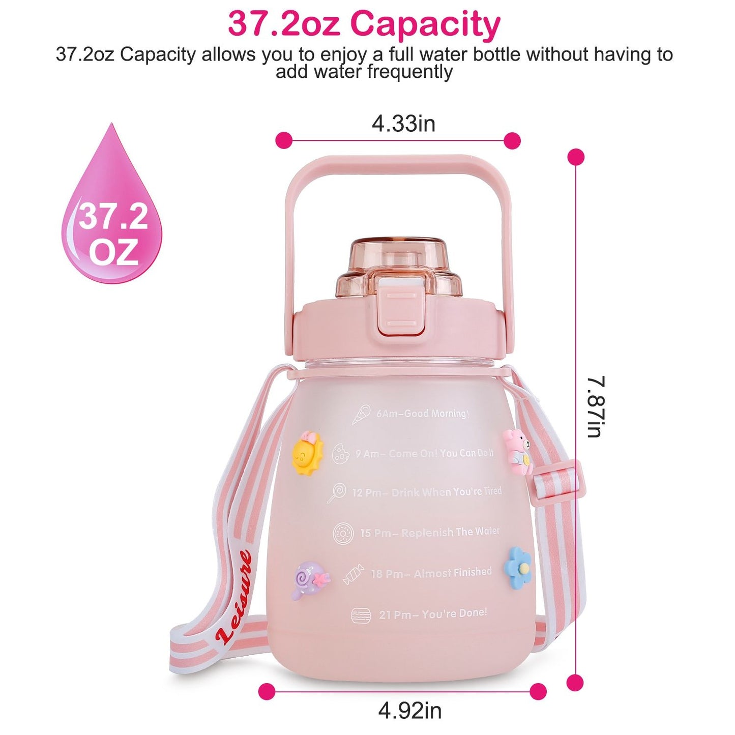 Kawaii Water Bottle with Straw 37.2oz Large Capacity Portable Sports Bottle